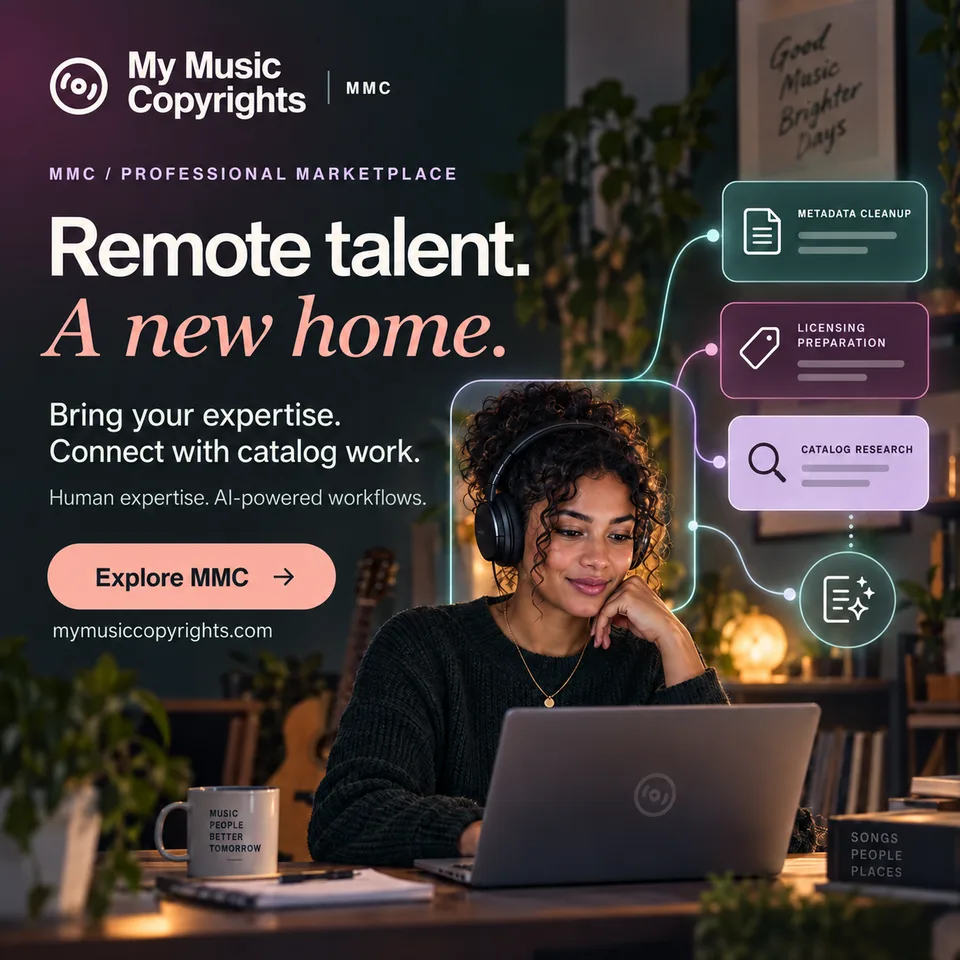 Remote talent. A new home. A music professional at her laptop connects to illustrative metadata, licensing and catalog-research work cards.